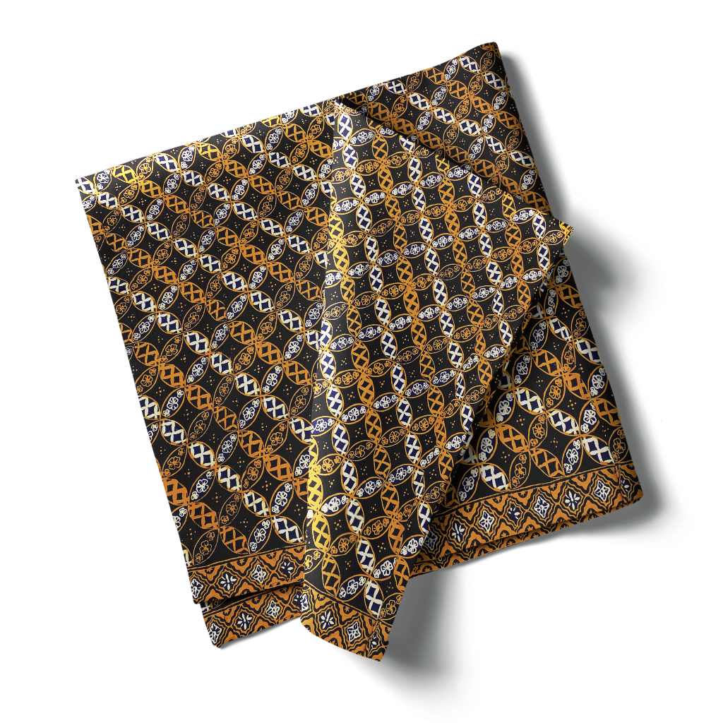 Kain batik Paris Cap Bledak berwarna cokelat tua dengan motif bunga berwarna emas. Kain dilipat rapi, menampilkan detail pola yang rumit. Tampilan produk diambil dari postingan benangraja.kain.